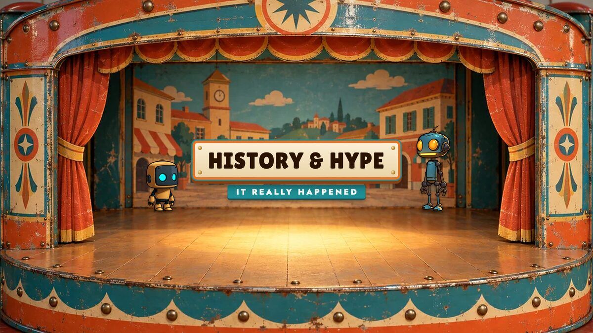 History & Hype channel art: two cartoon robots on a tin toy-theatre stage under a riveted sign.